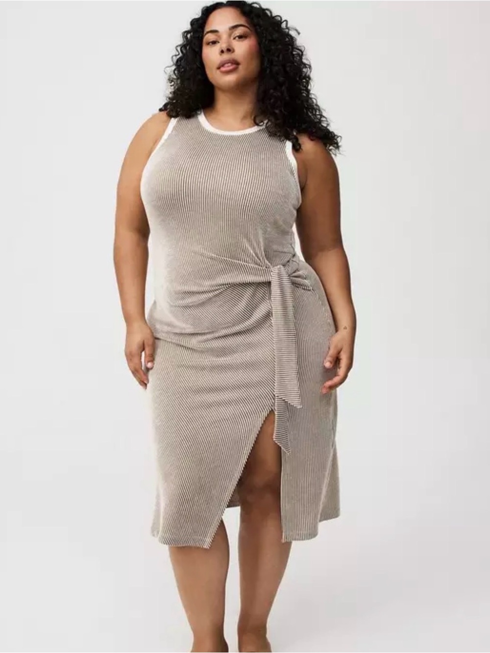 Ribbed Tie-Waist striped Midi Dress in Taupe